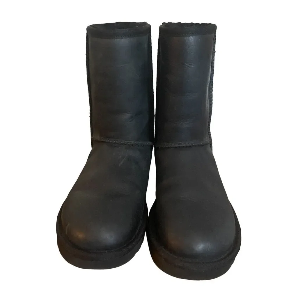 UGG Classic Short Boots Womens Size 5 Black Leather 1016559 Mid Calf